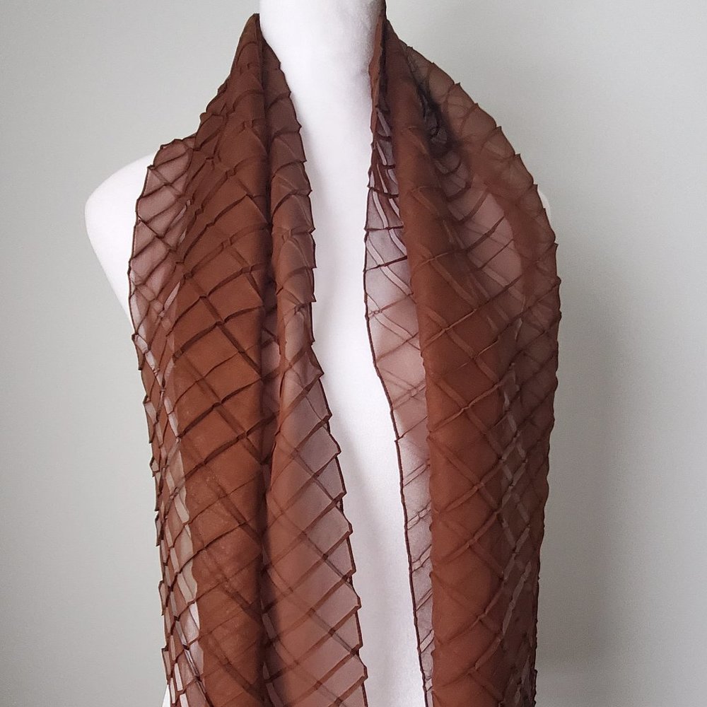 Vintage Women's Long Neck Tie Scarf Lightweight Brown Geometric Pleats